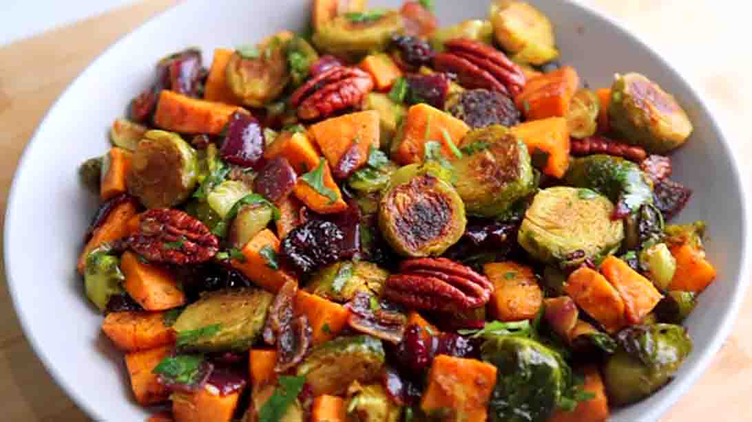 Herb-Roasted Sweet Potato and Brussels Sprouts