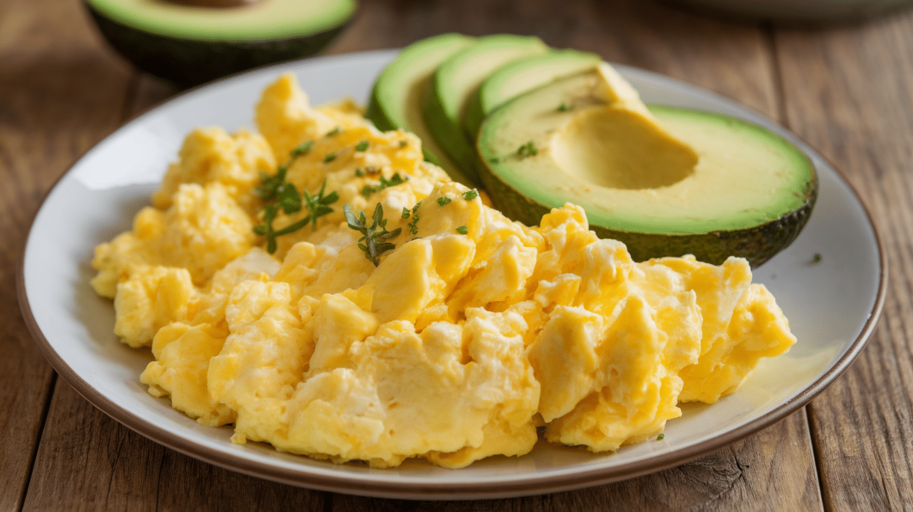 Sautéed Scrambled Eggs with Avocado and Fresh Chives