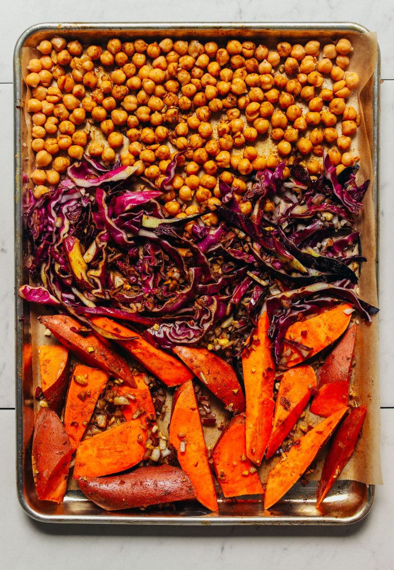 Sheet Pan Harissa-Roasted Chickpeas with Sweet Potatoes and Kale