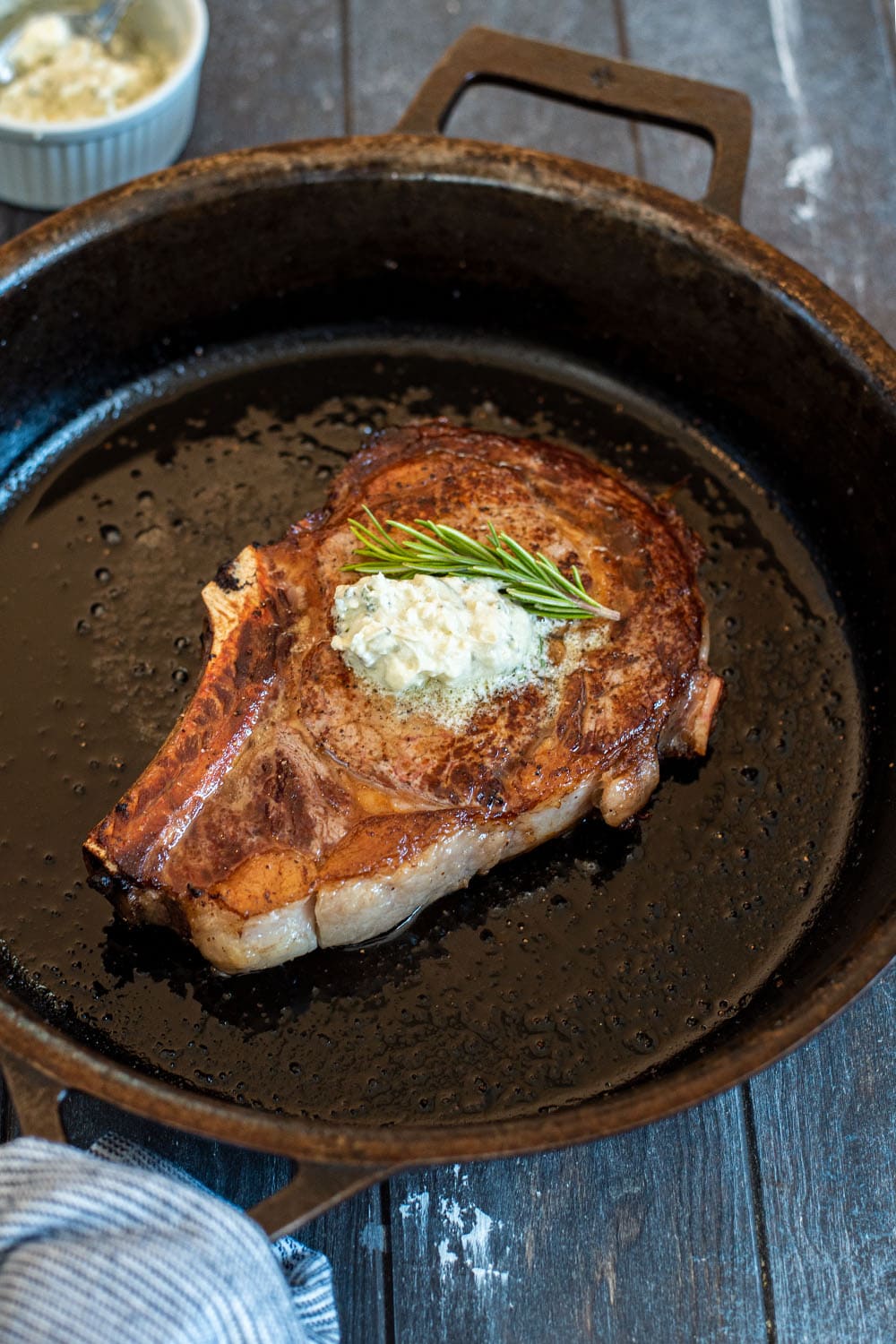 Pan-Seared Ribeye Steak with Caramelized Onion and Blue Cheese Butter