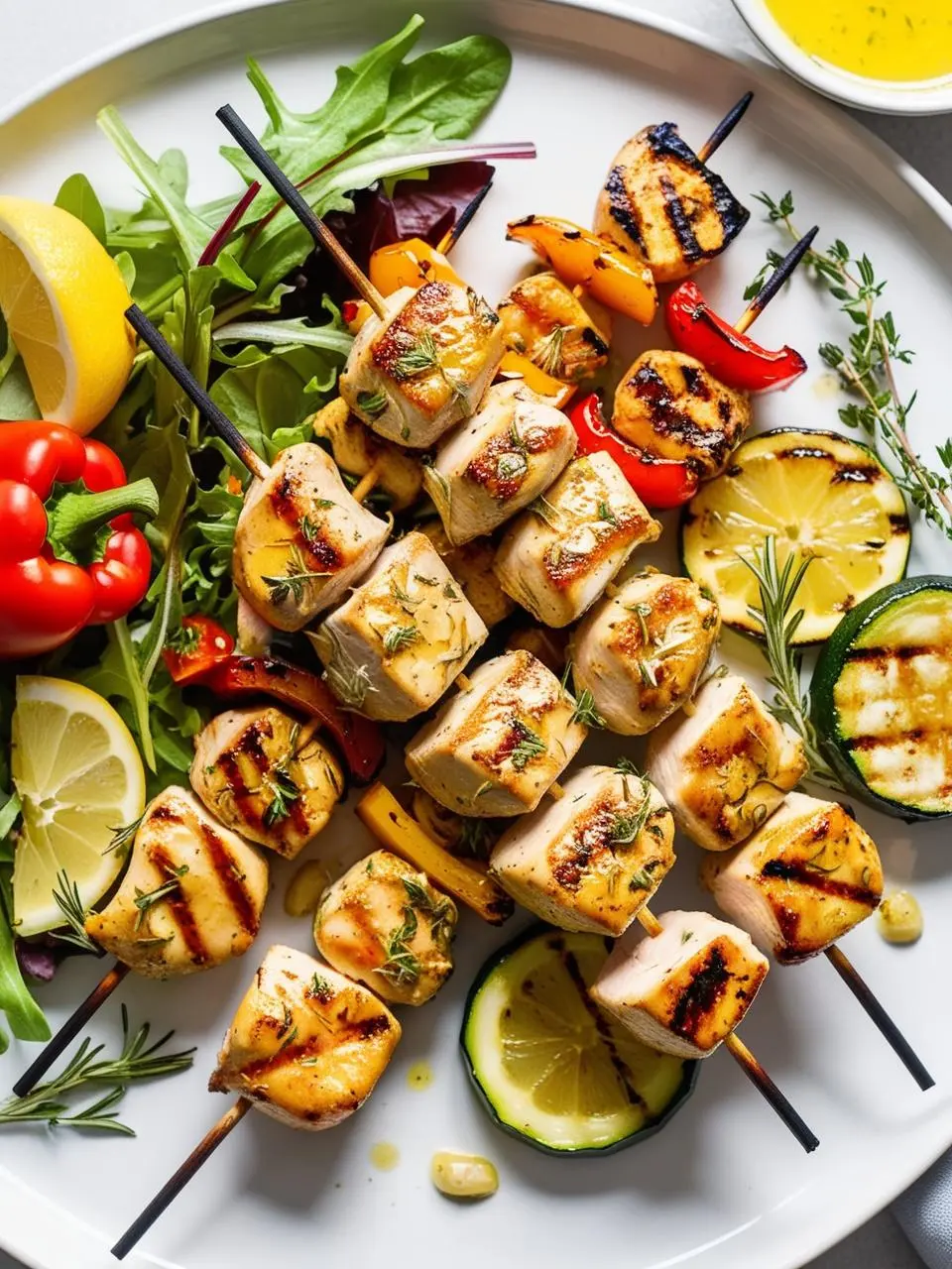 Grilled Lemon-Thyme Chicken Skewers with Summer Vegetables