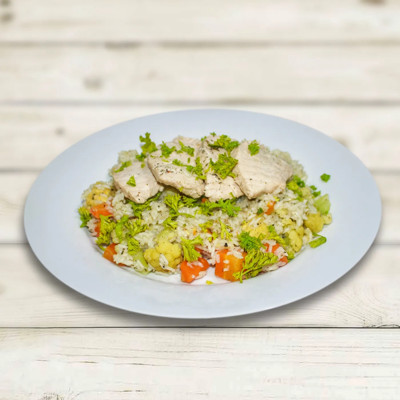 Sautéed Fish with Lemon-Onion Rice and Vegetables