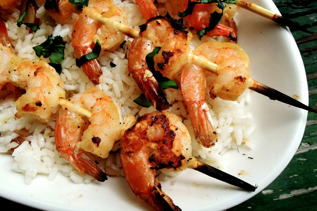Aperol-Infused Shrimp Skewers with Lemon