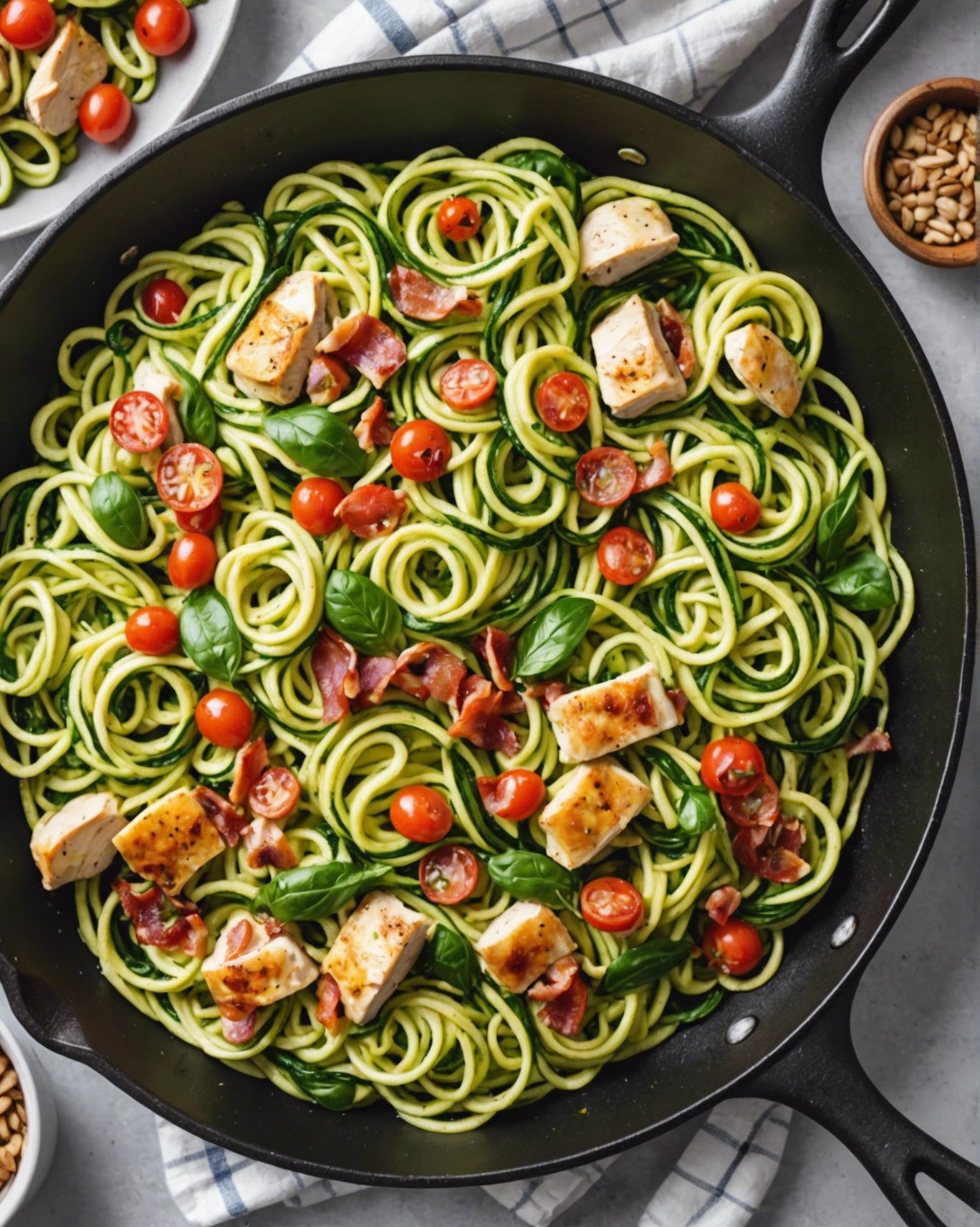 Sautéed Zucchini Noodles with Crispy Bacon and Avocado