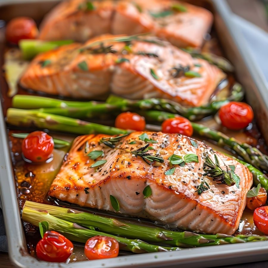 Lemon-Scented Salmon with Roasted Asparagus and Cherry Tomatoes