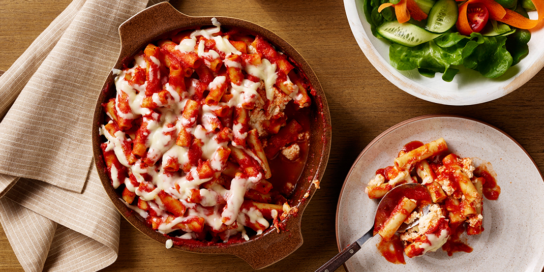 Three-Cheese Baked Ziti with Tomato Basil Sauce