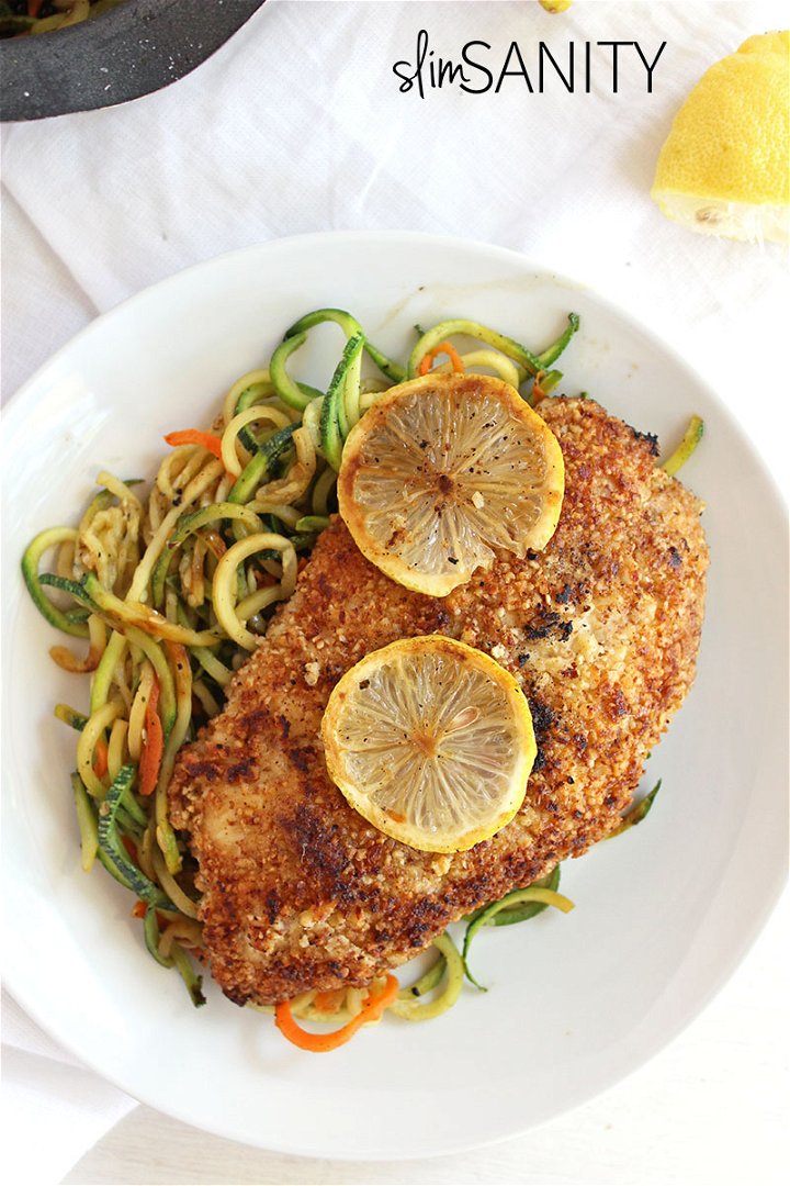 Sautéed Chicken with Zucchini Noodles and Almond Crust