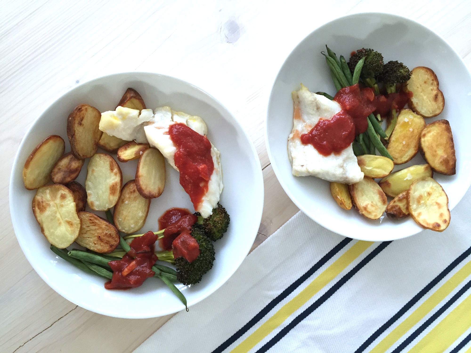 Baked Saffron Cod with Patatas Bravas