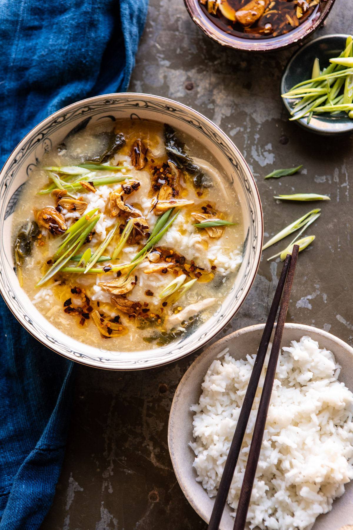 Chicken and Rice Egg Drop Soup with Winter Greens