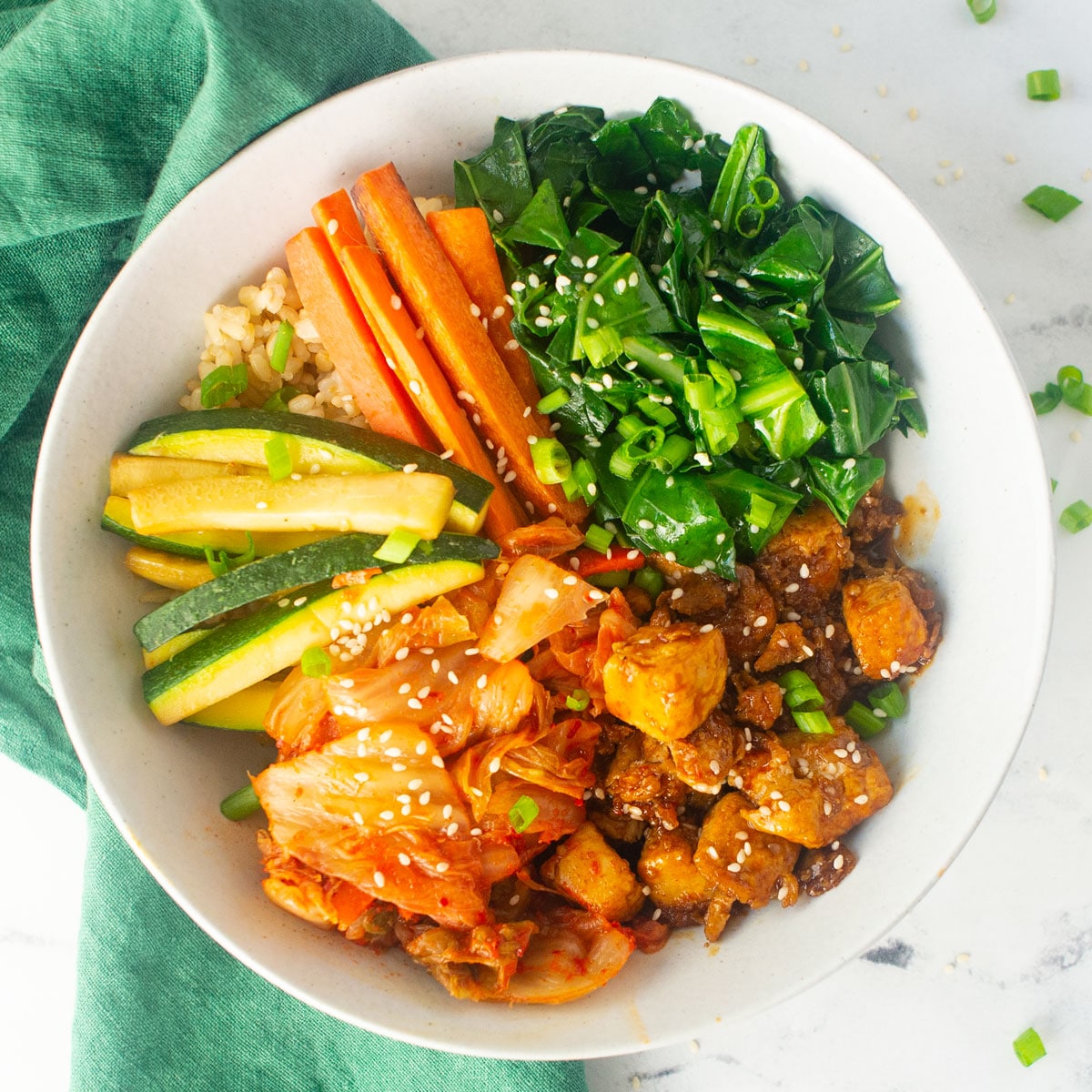 Vegetable-Packed Bibimbap with Kimchi and Sesame-Gochujang Drizzle