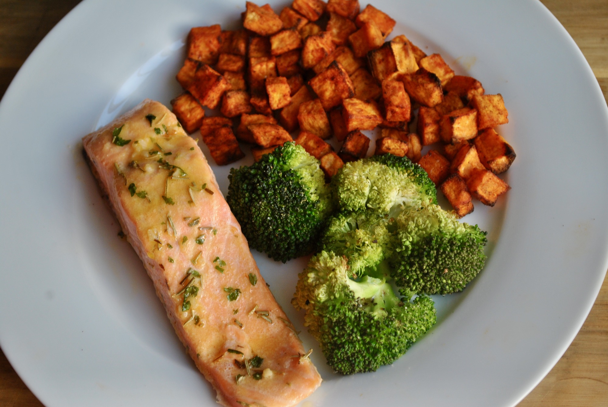 Baked Lemon-Ginger Salmon with Steamed Broccoli and Sweet Potato