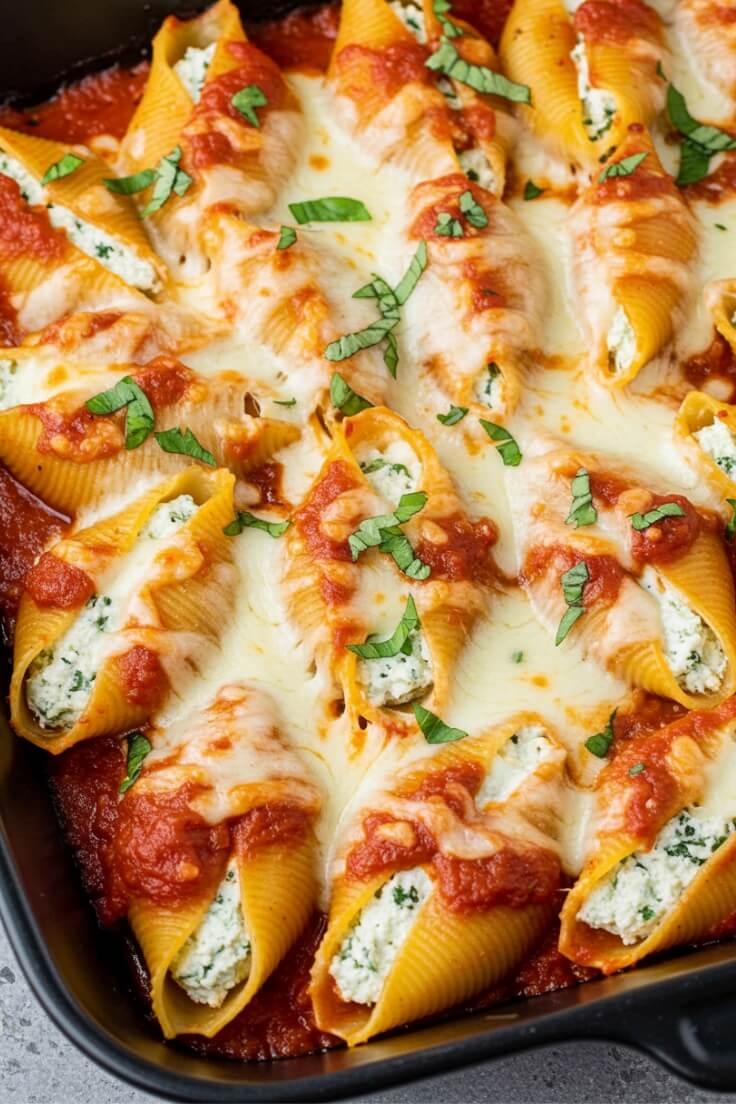 Baked Ricotta-Stuffed Pasta Shells with Tomato Basil Sauce