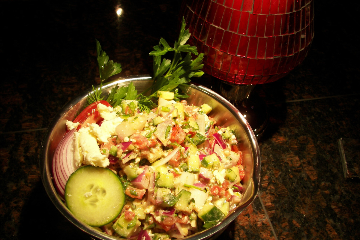 Tomato, Cucumber, and Olive Salad with Feta and Oregano