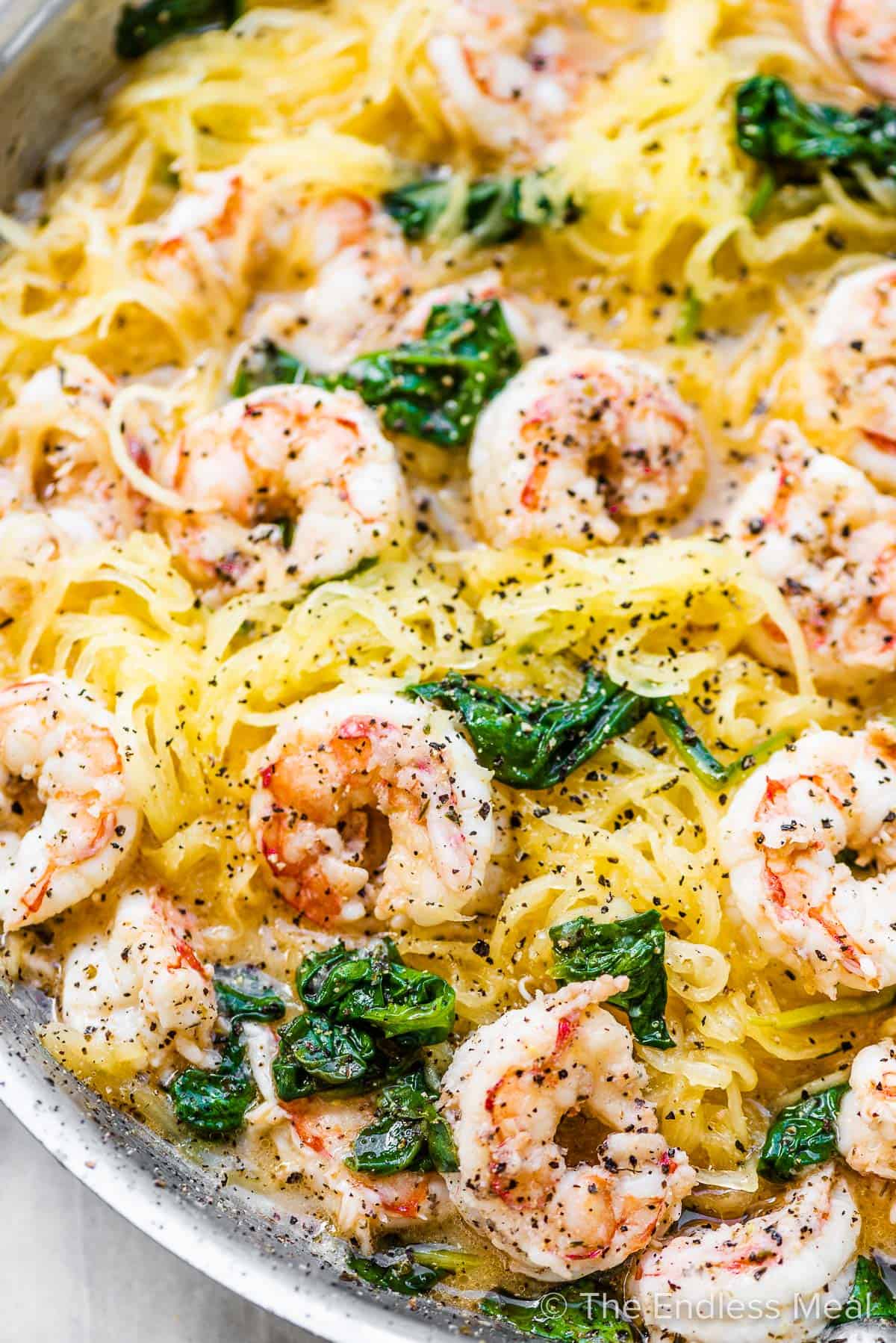 Low-Carb Spaghetti Squash with Pesto and Shrimp