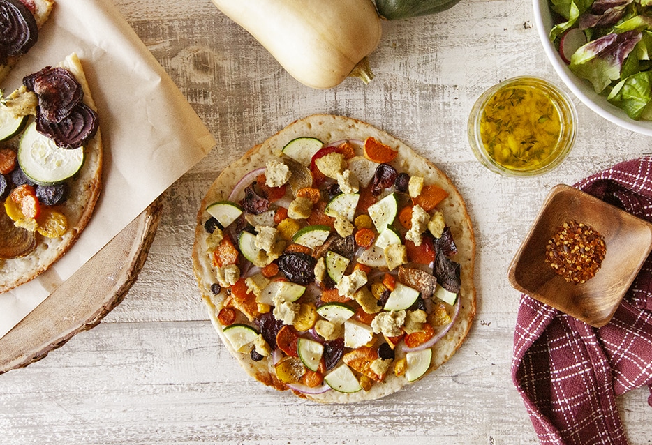 Spring Vegetable Flatbread with Roasted Root Medley and Lemon-Tahini