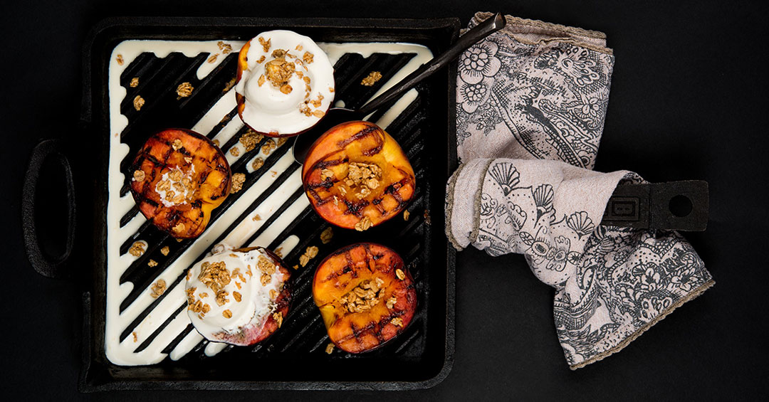 Grilled Peaches and Berries with Lavender Honey Glaze