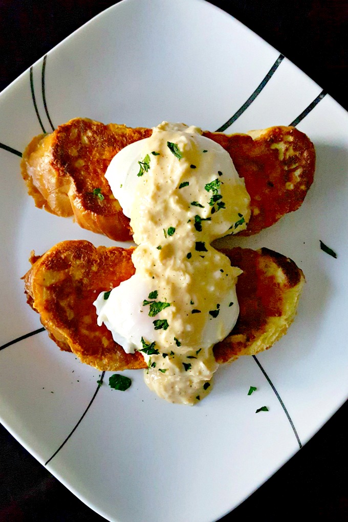 French Toast Benedict with Cheddar Cheese Sauce