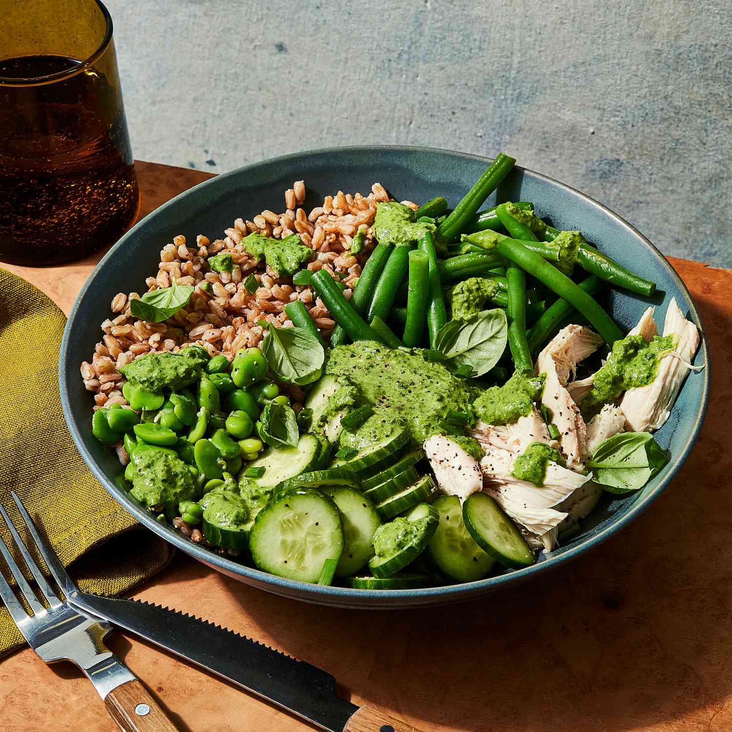 Tahini-Glazed Farro Bowl with Summer Vegetables
