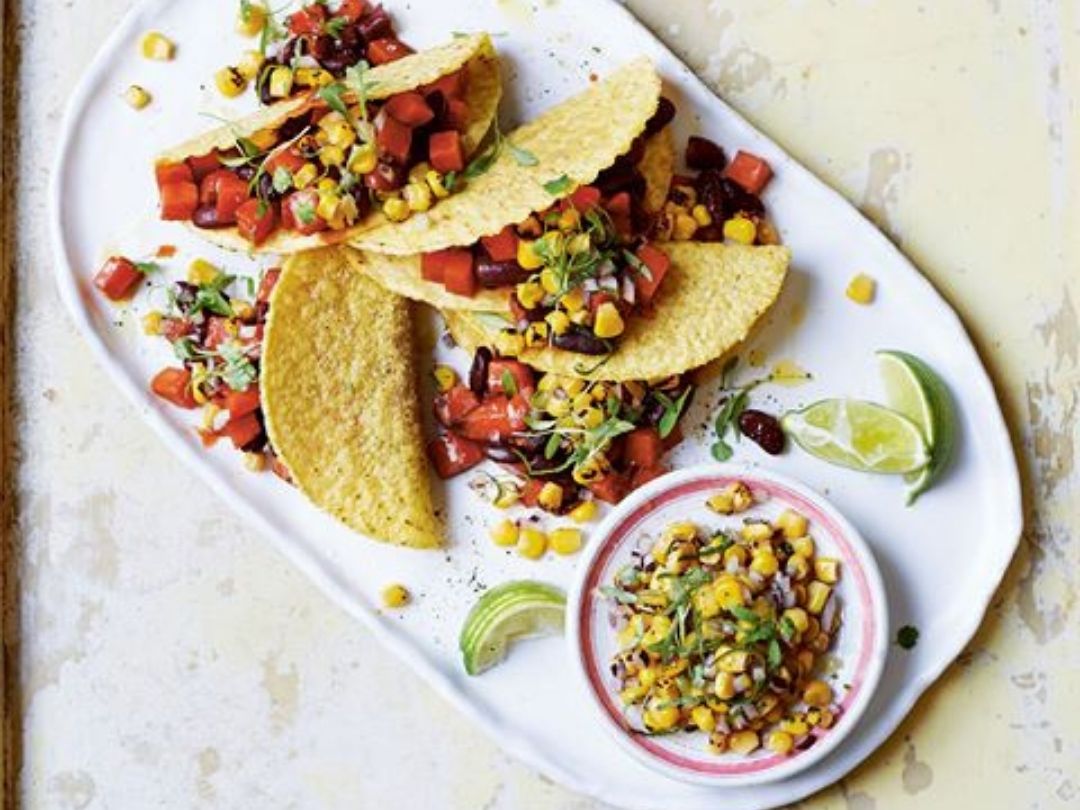 Oaxaca Cheese-Stuffed Sweet Potato Tacos with Roasted Corn Salsa