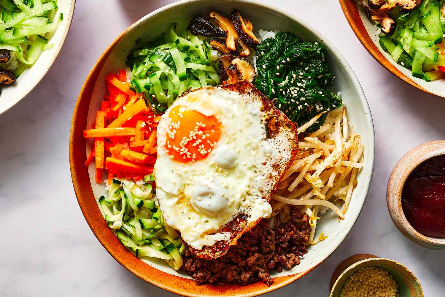 Sautéed Vegetable and Beef Bibimbap with Gochujang Drizzle