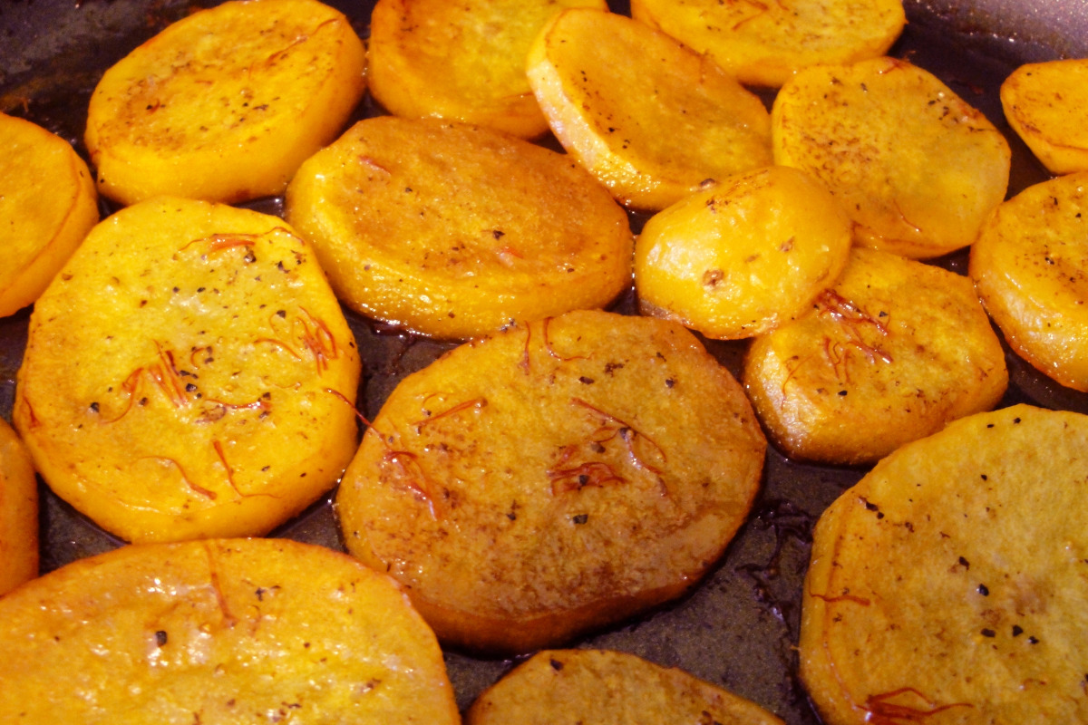 Saffron-Infused Yogurt-Braised Potatoes with Almonds