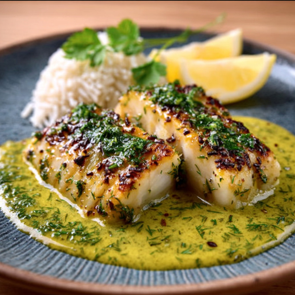 Herb-Crusted Cod with Lemon-Dill Sauce and Asparagus
