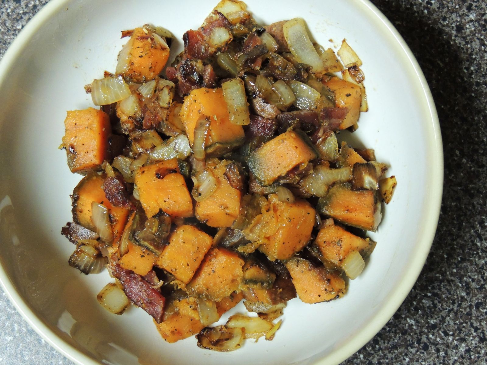 Pan-Seared Sweet Potato Hash with Crispy Bacon and Onion