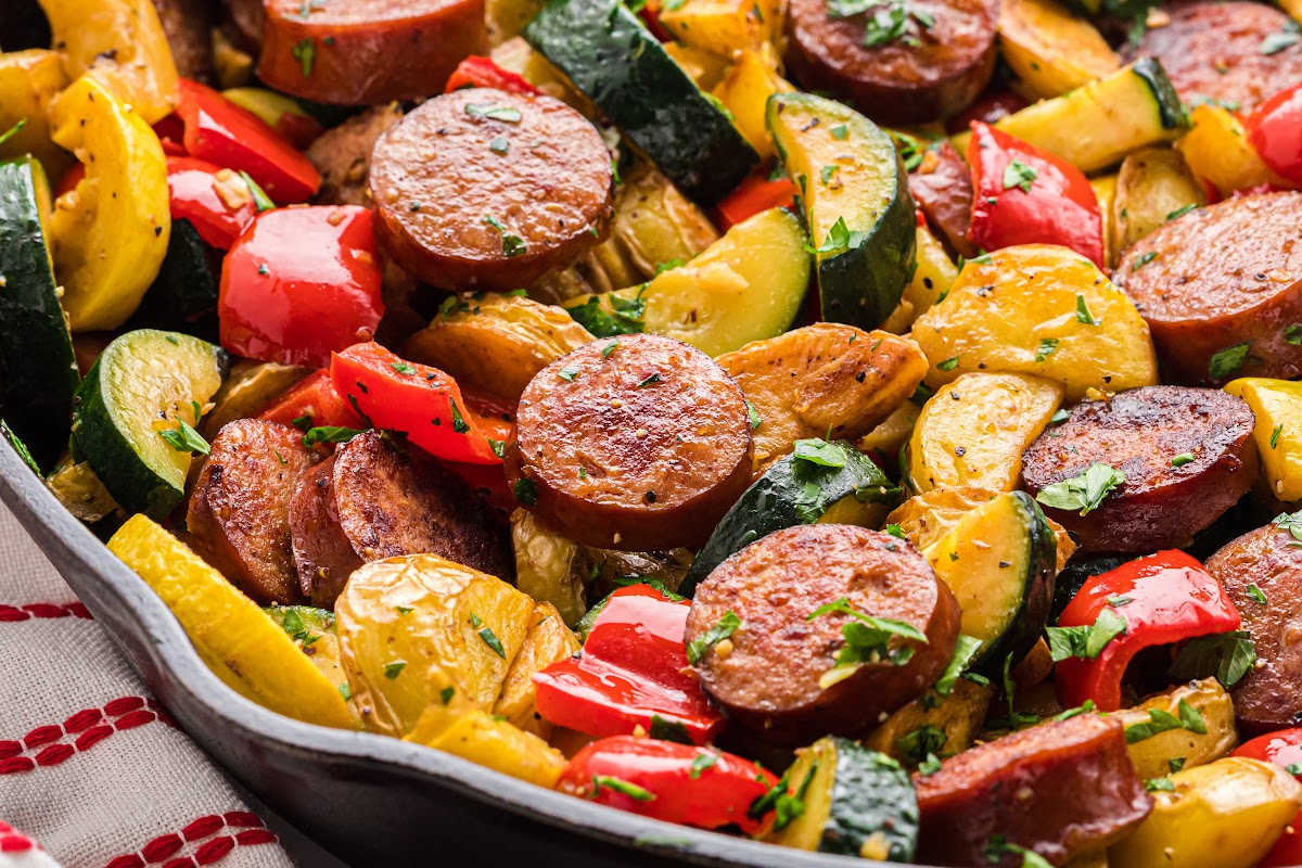 Tomato Sausage Zucchini Skillet with Mushrooms