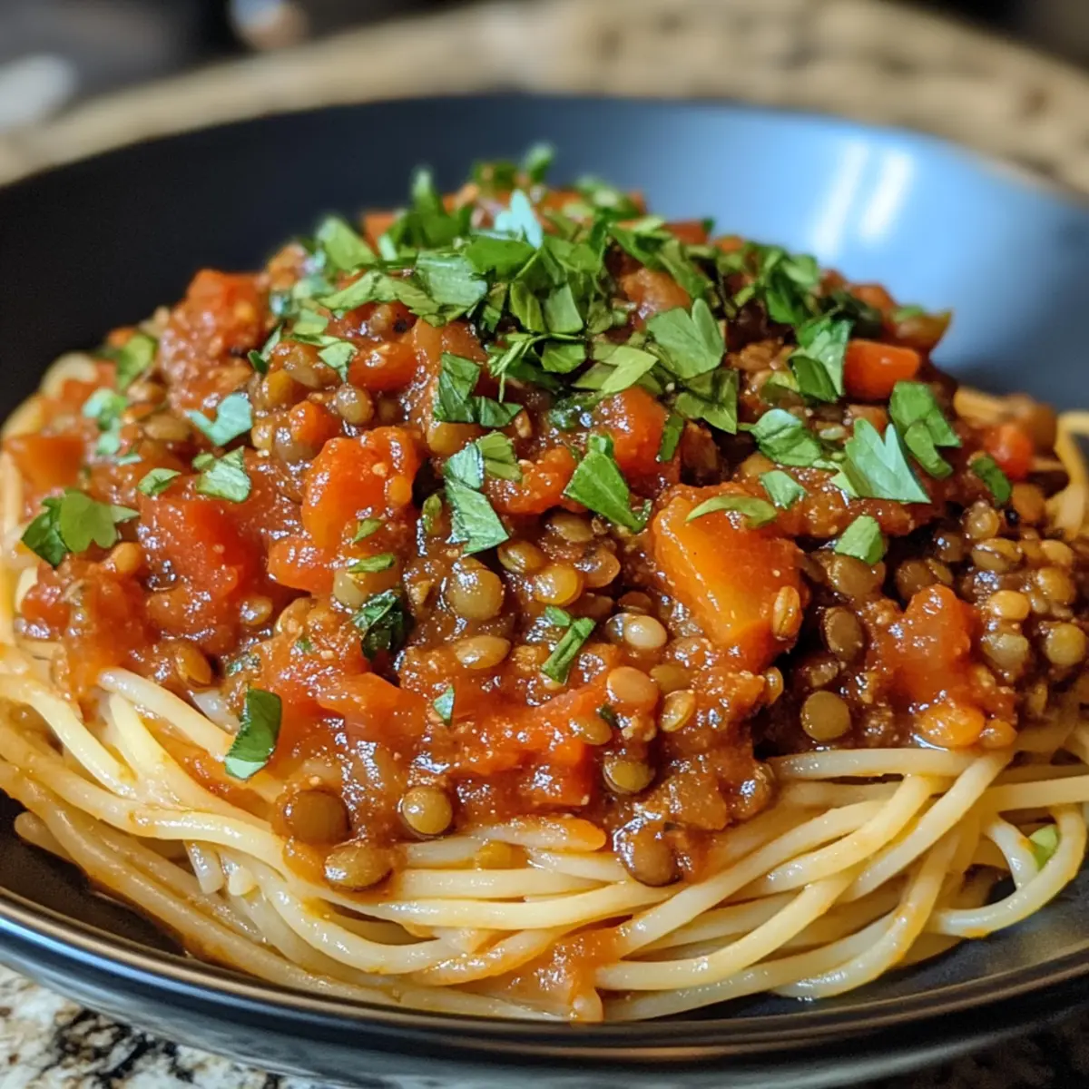 Lentil Bolognese over Spaghetti