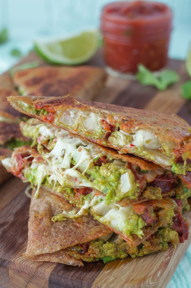 Chorizo and Mushroom Quesadillas with Avocado Crema