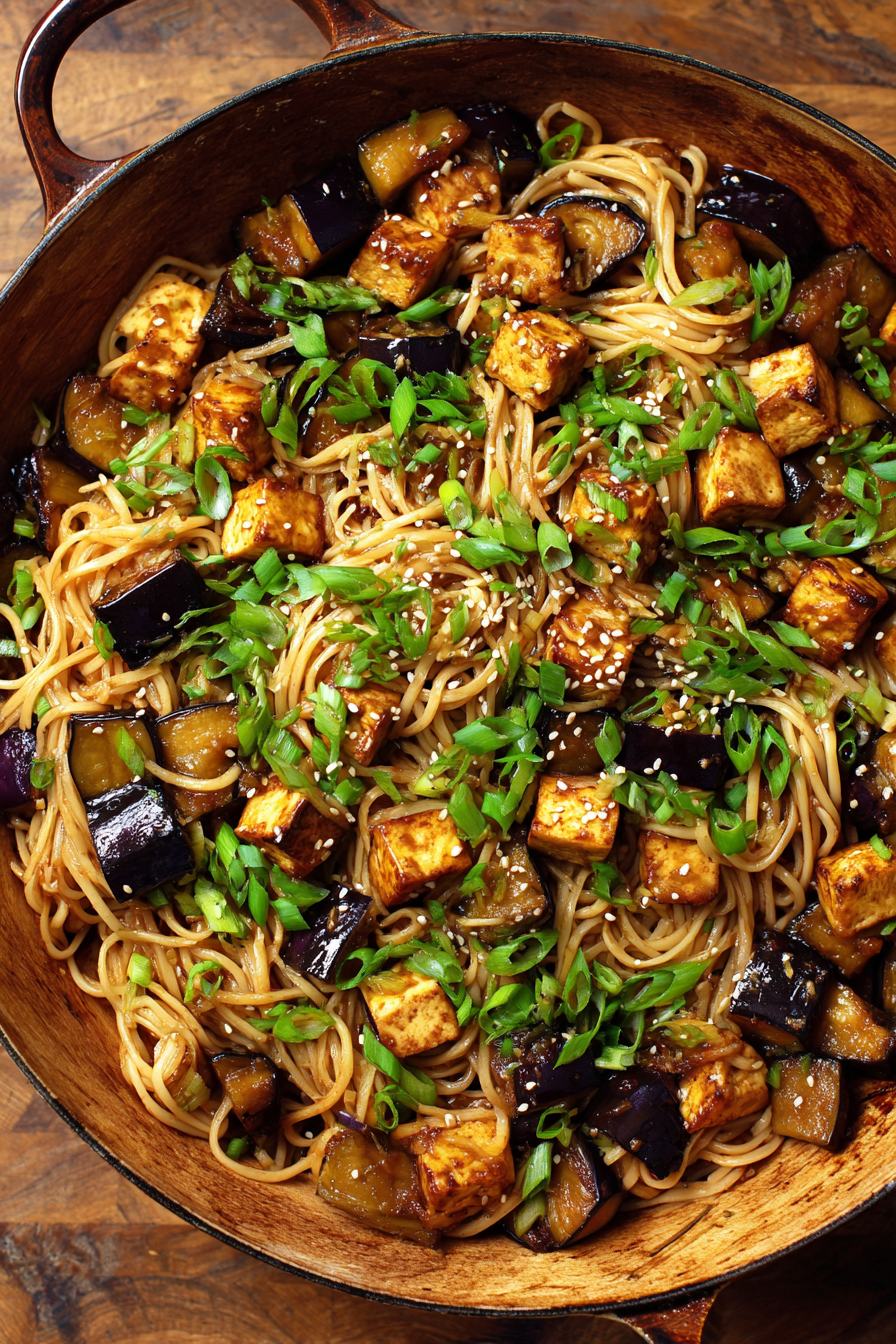 Miso-Glazed Eggplant and Shiitake Stir Fry with Rice Noodles