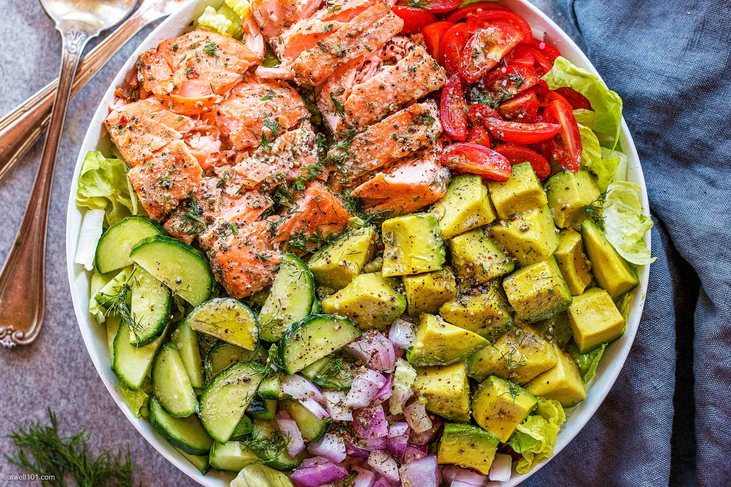 Pan-Seared Salmon with Cucumber-Avocado Salad and Ginger-Lime Dressing
