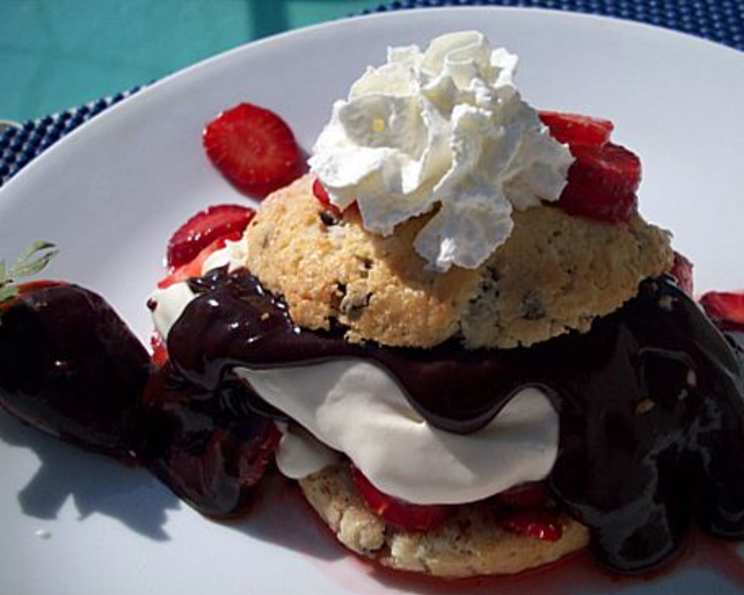 Chocolate-Dipped Strawberry Shortcakes with Rose Whipped Cream