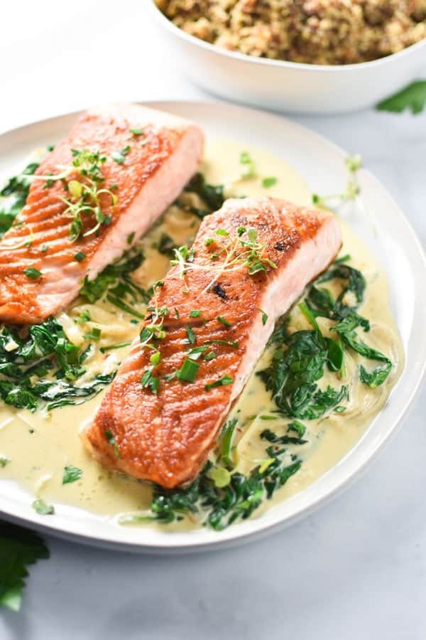 Pan-Seared Salmon with Garlic Ginger Spinach
