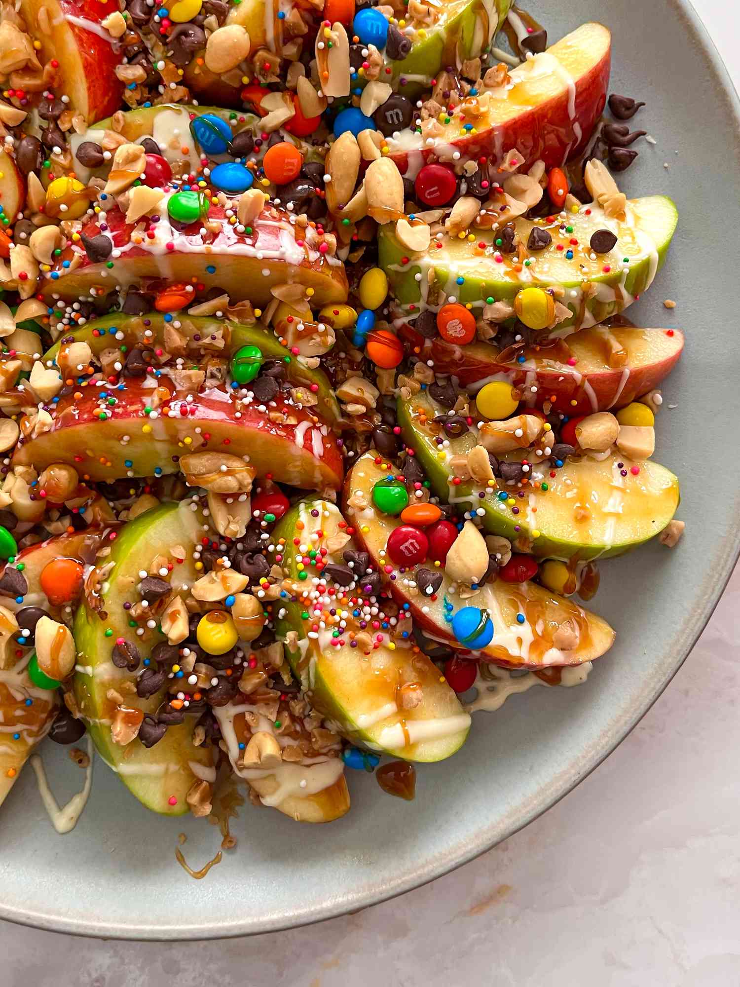 Caramel Apple Nachos with Cinnamon Sugar and Chocolate Drizzle