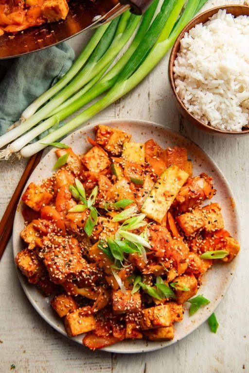 Stir-Fried Korean Spicy Tofu with Kimchi and Scallions