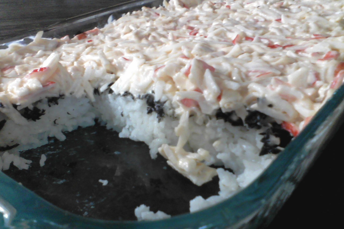 Baked Sushi Casserole with Spicy Crab and Shrimp