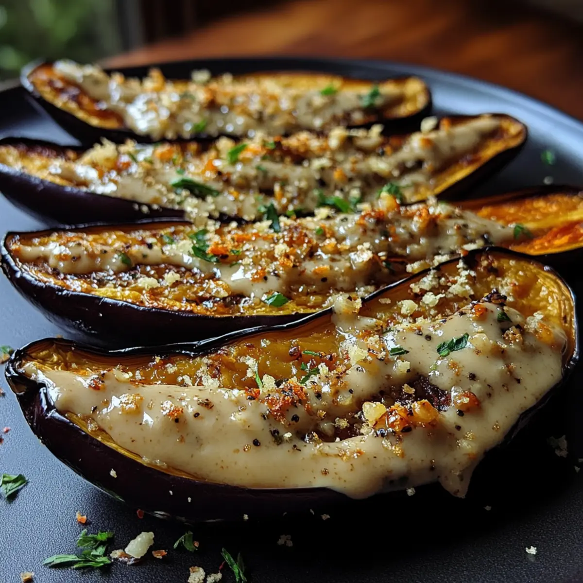 Lemon-Garlic Roasted Eggplant with Tahini Drizzle