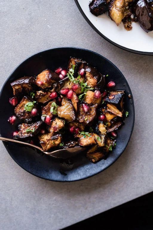 Charoset-Spiced Roasted Eggplant with Pomegranate Molasses