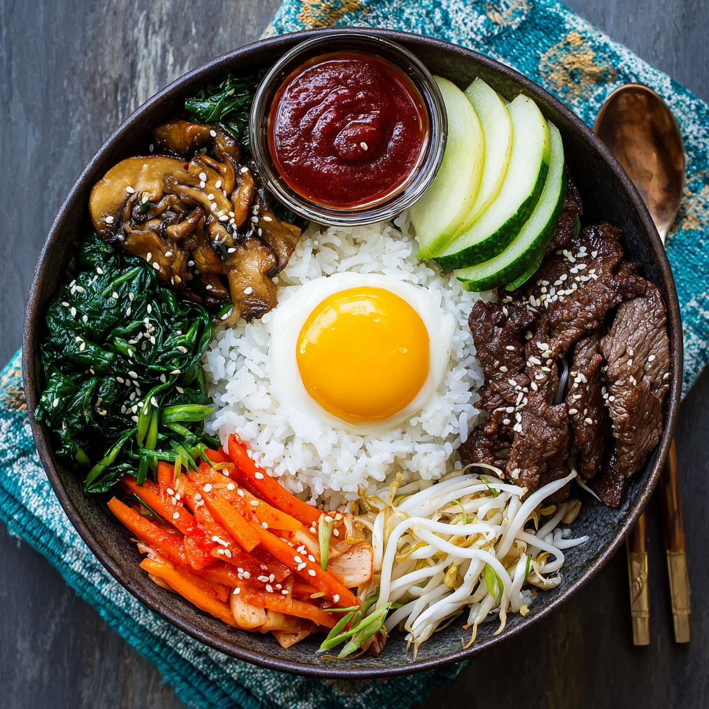 Sautéed Beef Bibimbap with Spicy Gochujang Sauce