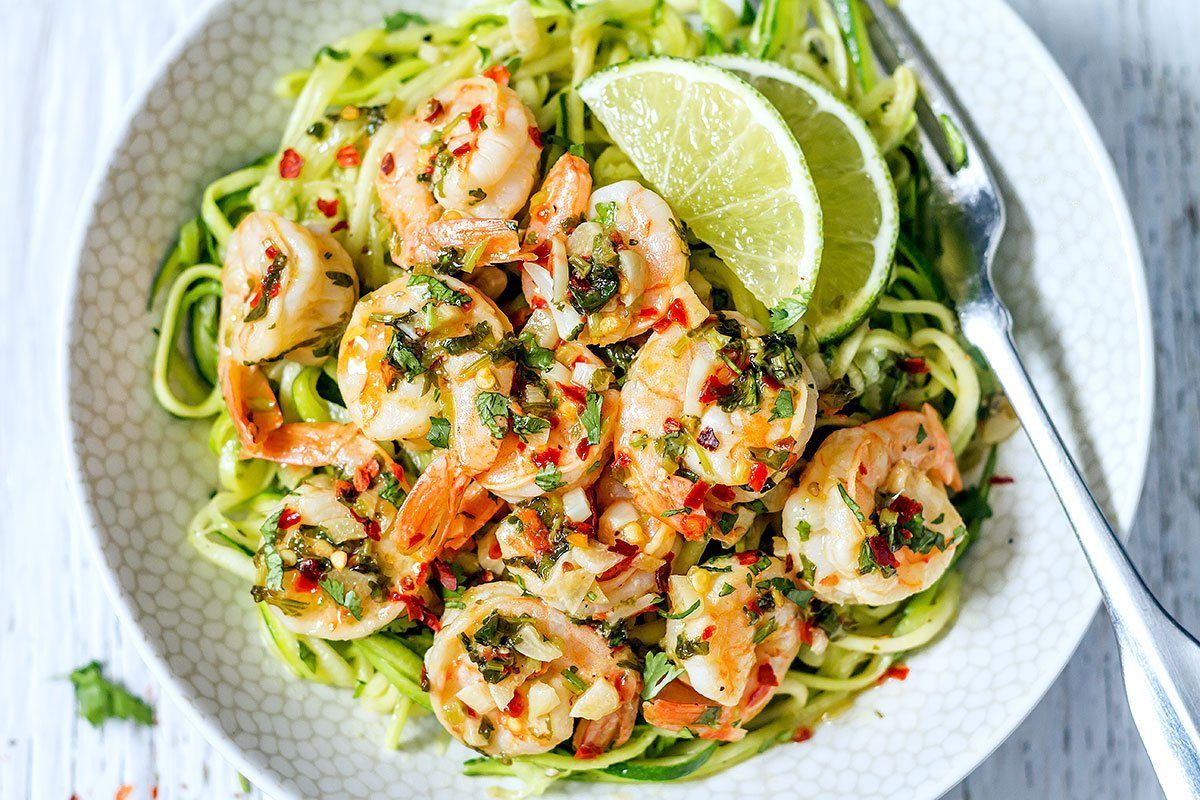 Sautéed Zucchini Noodles with Garlic Shrimp and Chili Flakes