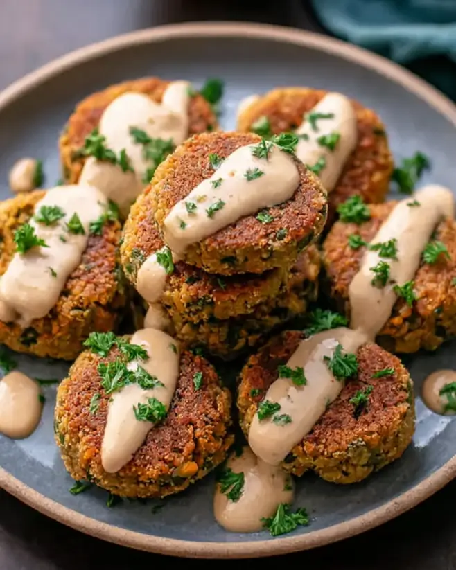 Baked Falafel Patties with Tahini Yogurt Drizzle
