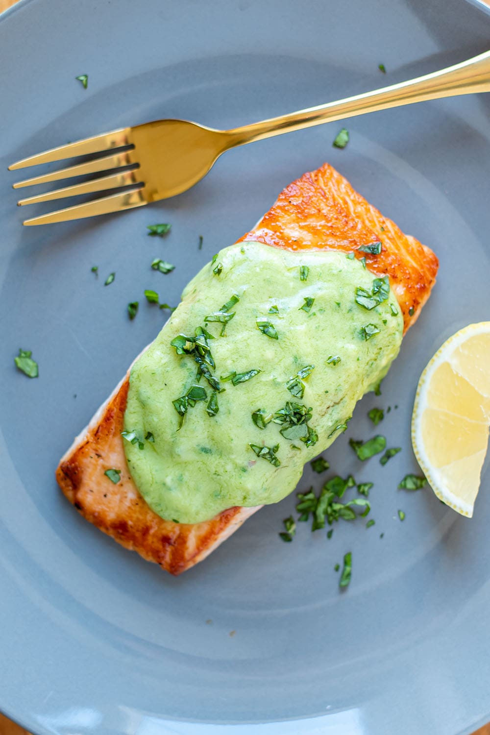 Pan-Seared Salmon with Avocado Cilantro Sauce
