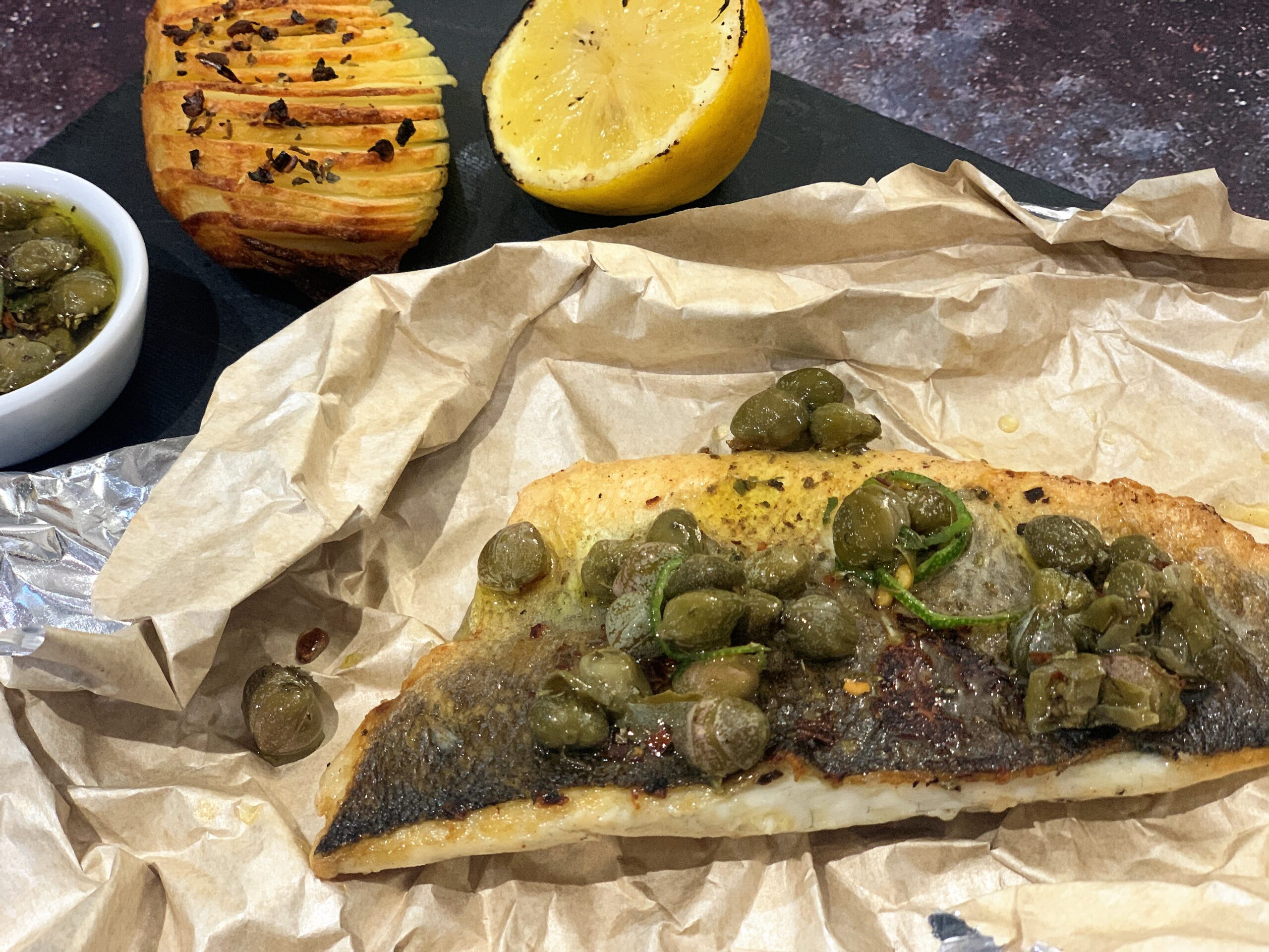 Pan-Seared Sea Bass with Tomato Caper Sauce and Feta