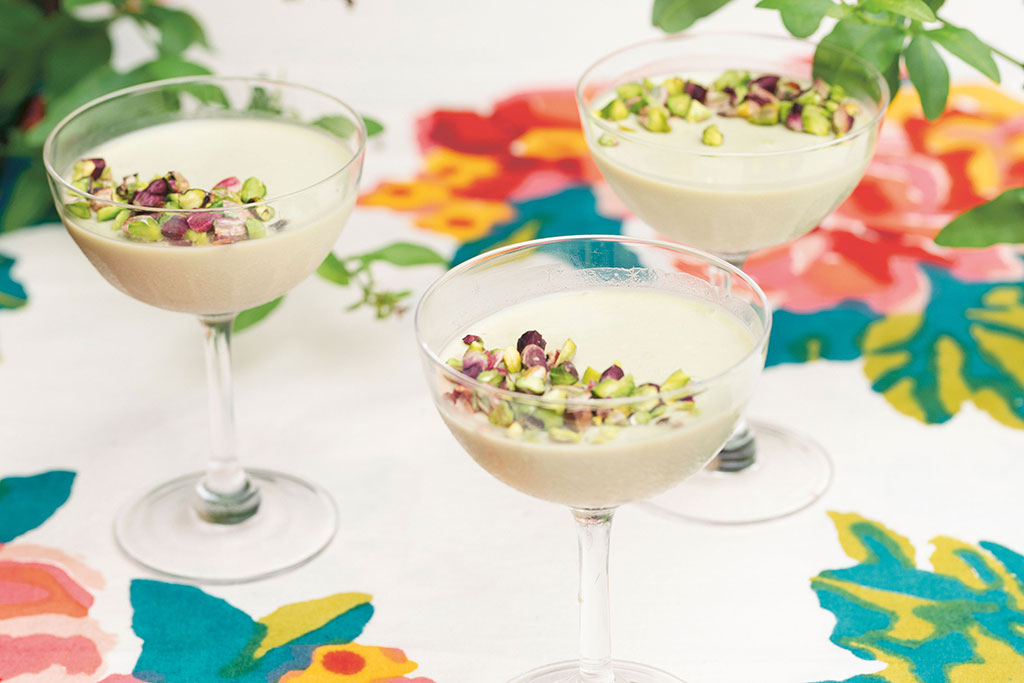 Strawberry-Rosewater Panna Cotta with Pistachio Crumble