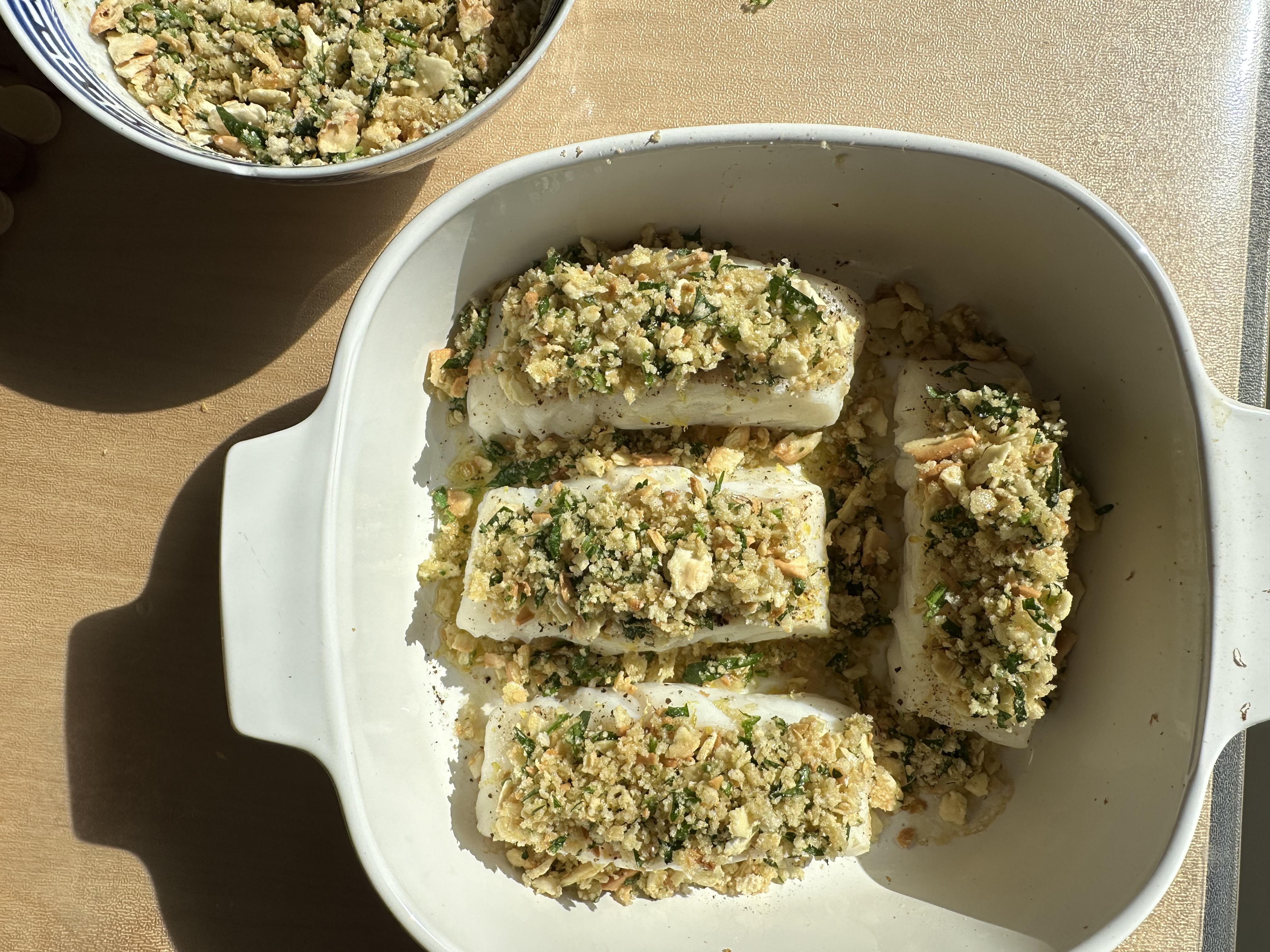 Baked Cod with Tomato-Olive Relish and Garlic Herb Breadcrumbs
