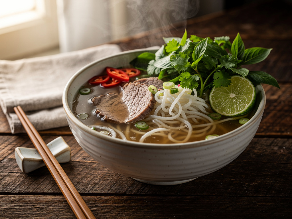 Vietnamese Pho Bo with Aromatic Beef Broth and Fresh Herbs