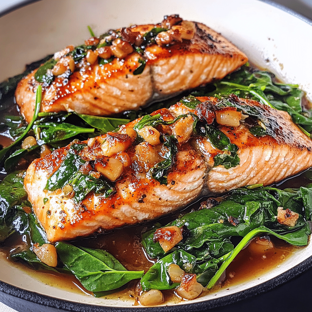 Pan-Seared Salmon with Ginger-Garlic Sautéed Spinach