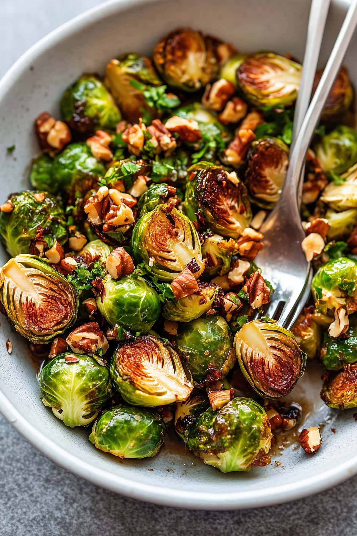 Maple Pecan Roasted Brussels Sprouts with Garlic