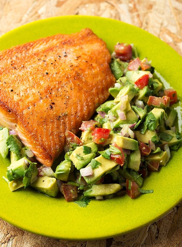 Sautéed Salmon with Zucchini and Avocado Salsa